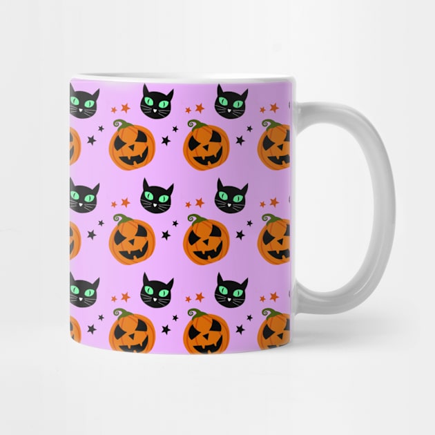 Halloween Orange pumpkin and black cat with green eyes pattern by galaxieartshop